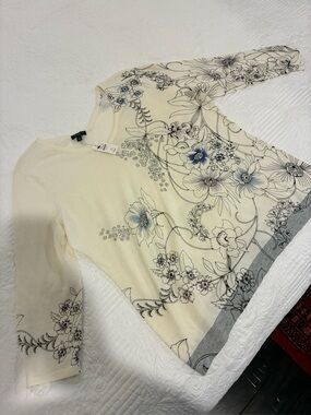 Talbots Cream Long-Sleeve Floral Print Top with Blue Accents